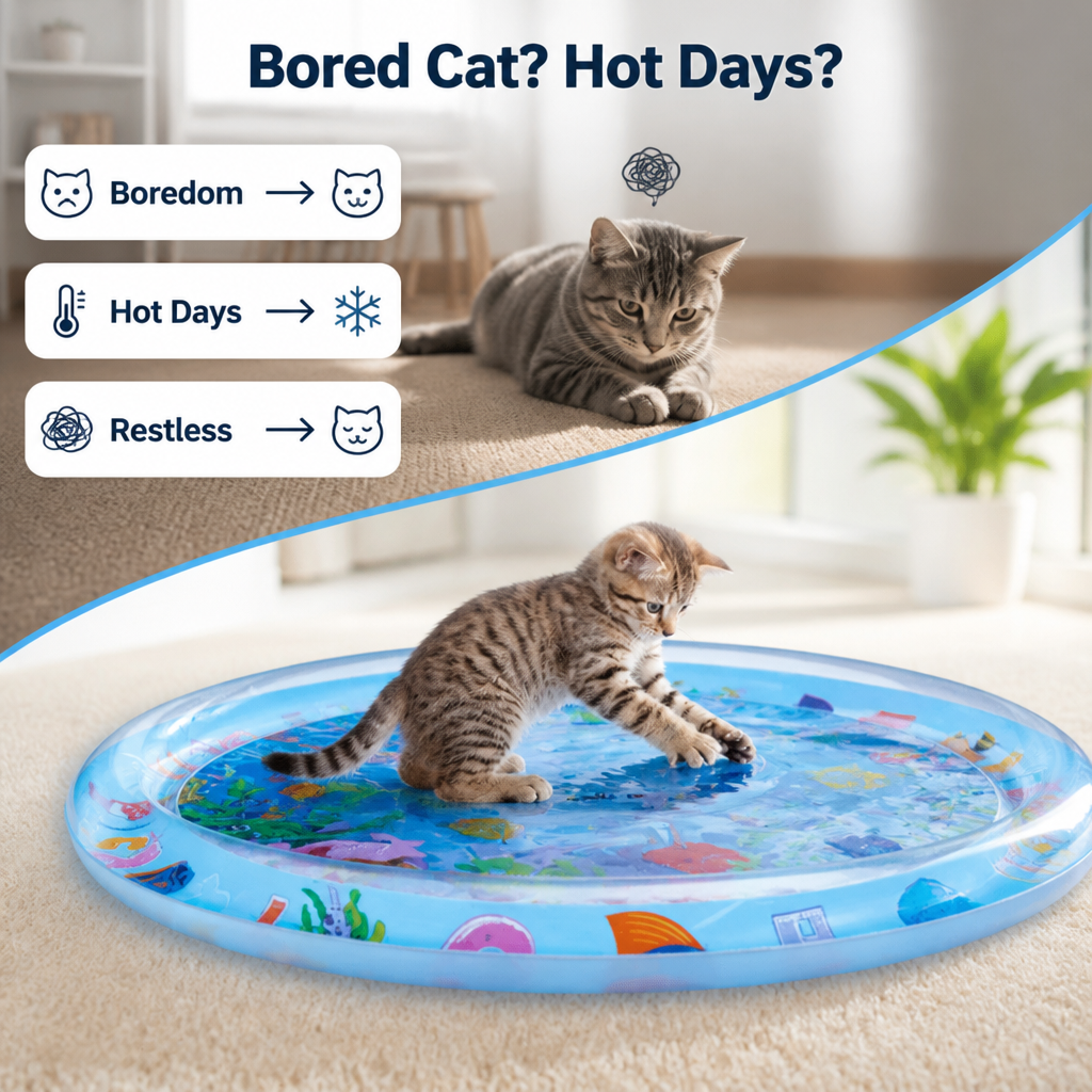 Cat Water Play Mat with one cat resting and another batting at the round mat.