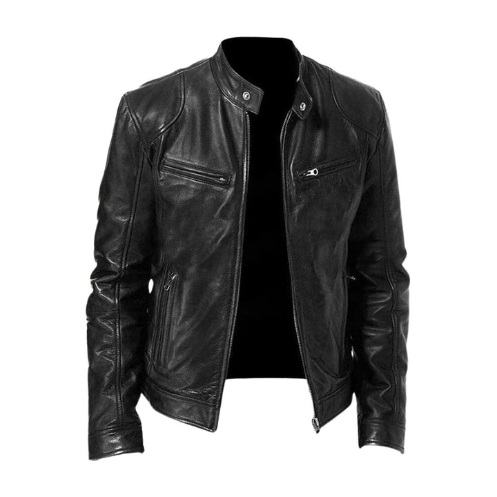 Black stand-collar leather jacket, unzipped, showing snap collar tabs and zippered chest and hip pockets 1