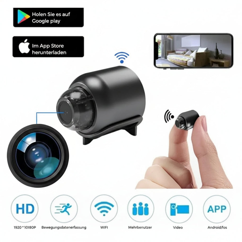 Mini WiFi Security Camera 1080p black plastic on its stand with phone and feature icons