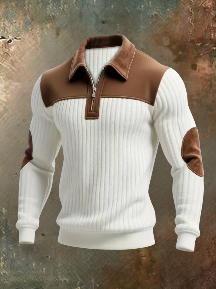 Men's ribbed quarter-zip sweater with brown suede-look collar, shoulder yoke and elbow patches, front view.