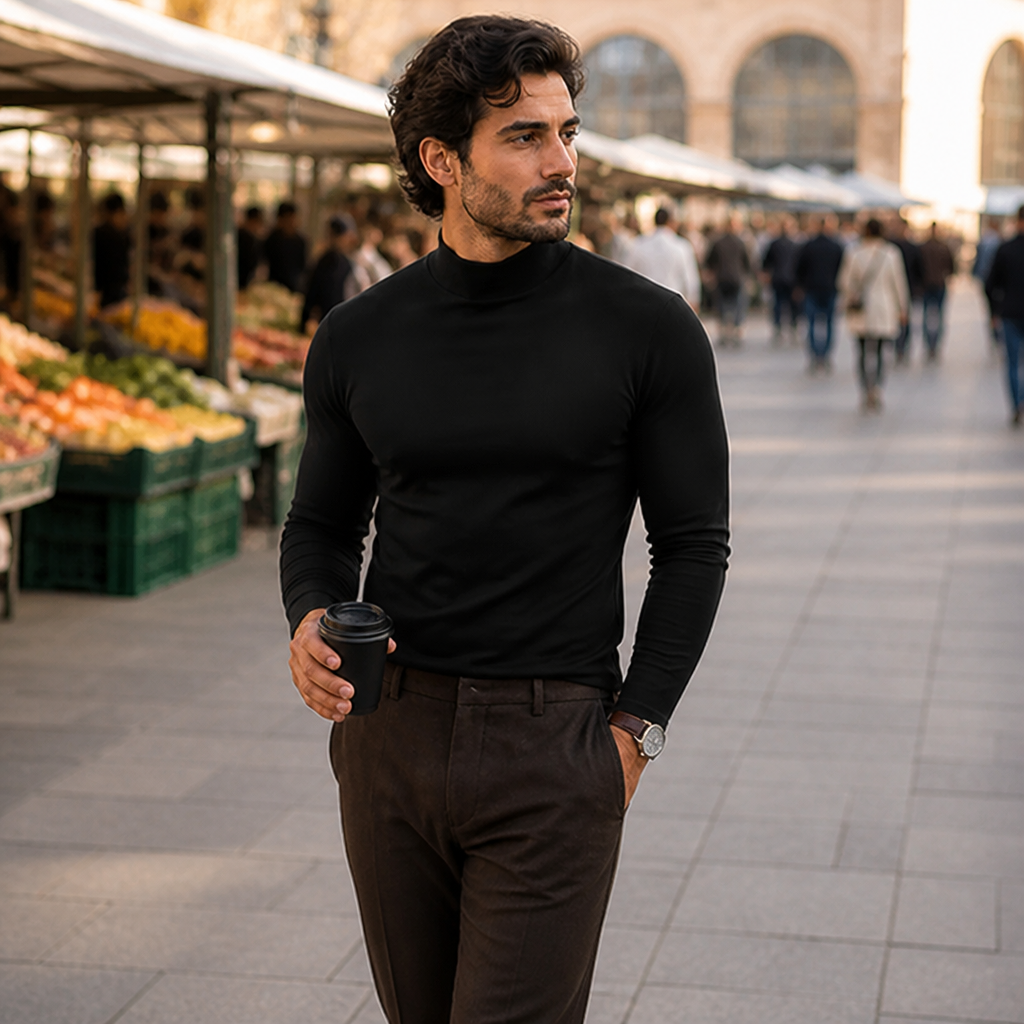 Man wearing the black high-neck tee and brown trousers holding a coffee cup at an outdoor market stall.