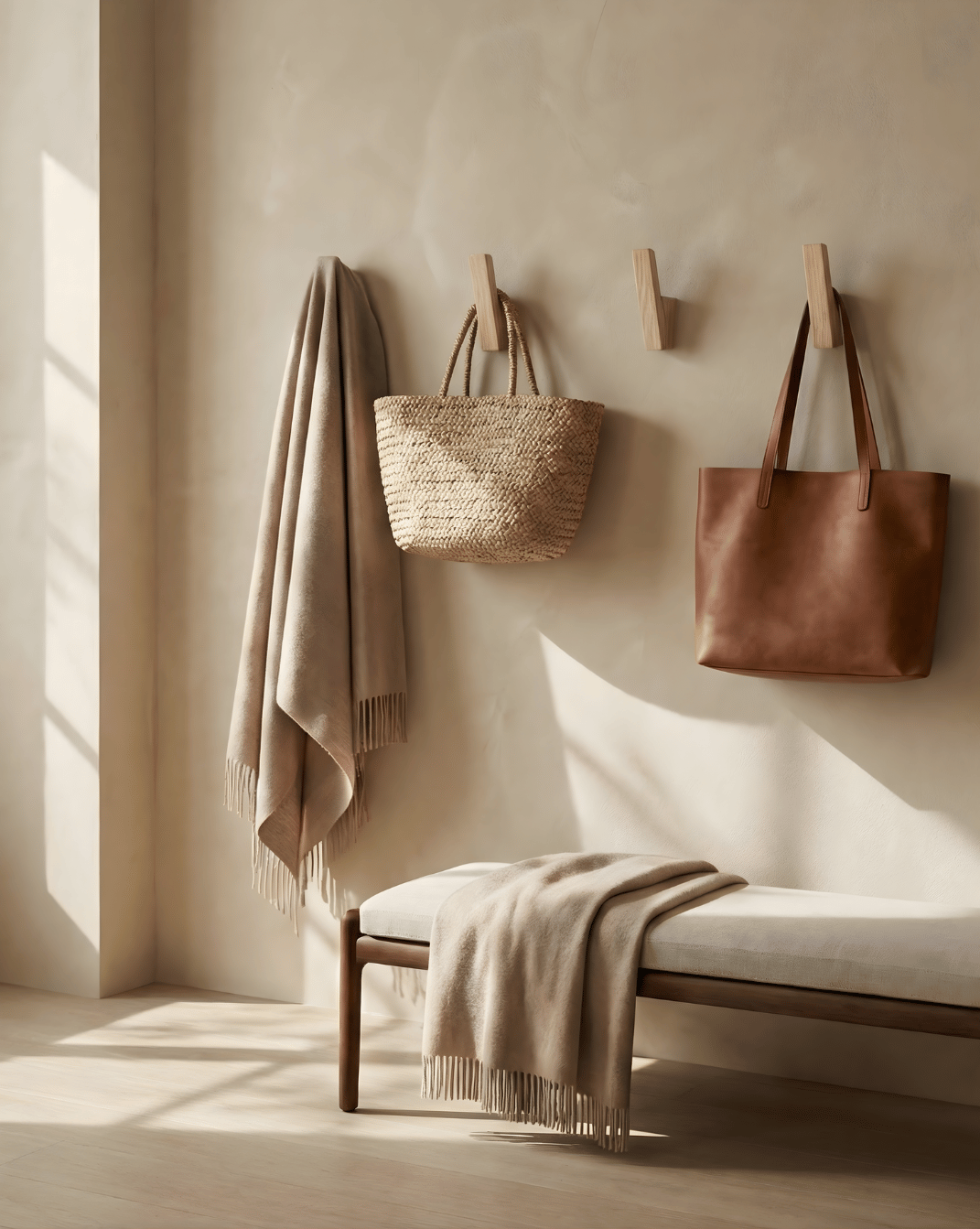 Light oak-toned wall hooks in an entryway holding a beige fringed throw, a woven straw basket and a brown leather tote above a bench. 5