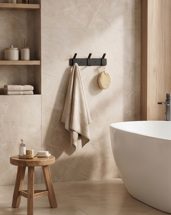 Black three-hook rack with a beige towel and a natural sponge hanging beside a freestanding tub.