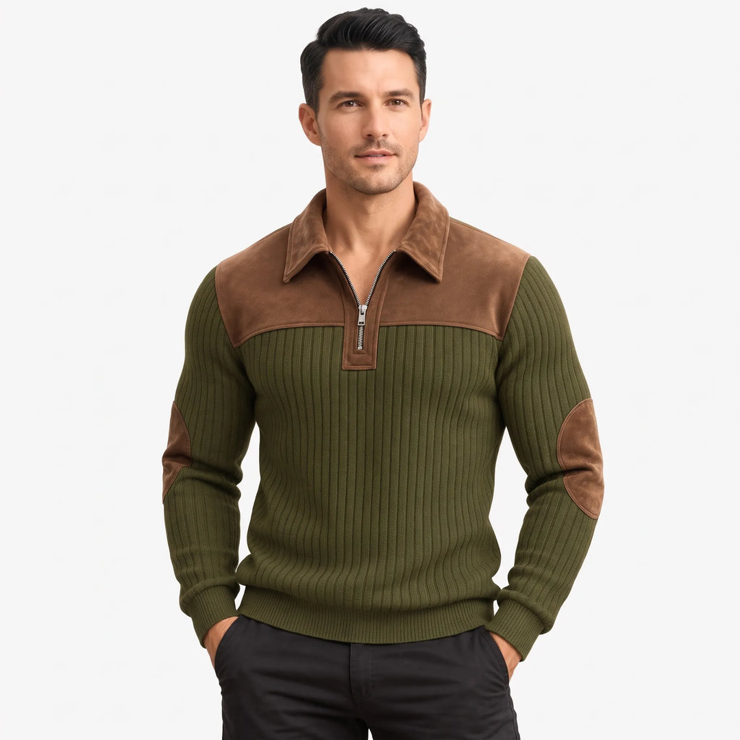 Man facing the camera in the olive green ribbed pullover with brown suede-look collar, shoulders and elbow patches 1