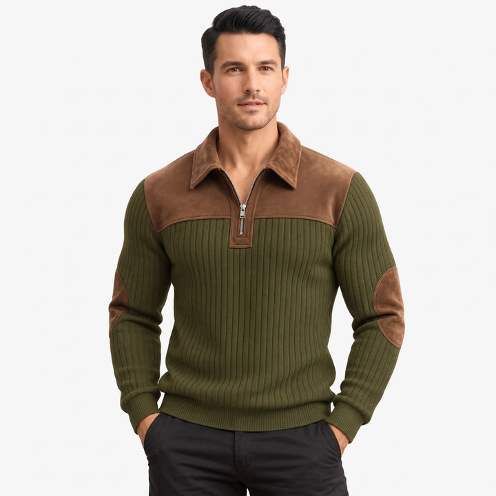 Man facing the camera in the olive green ribbed pullover with brown suede-look collar, shoulders and elbow patches 1