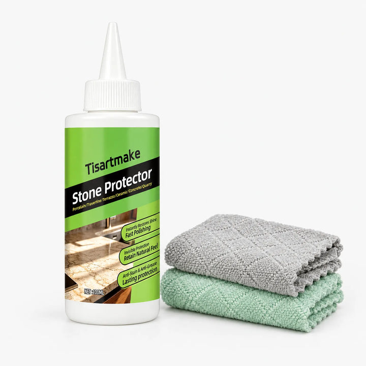 White bottle of stone surface coating liquid with a pointed cap beside two folded microfiber cloths, gray and green 1