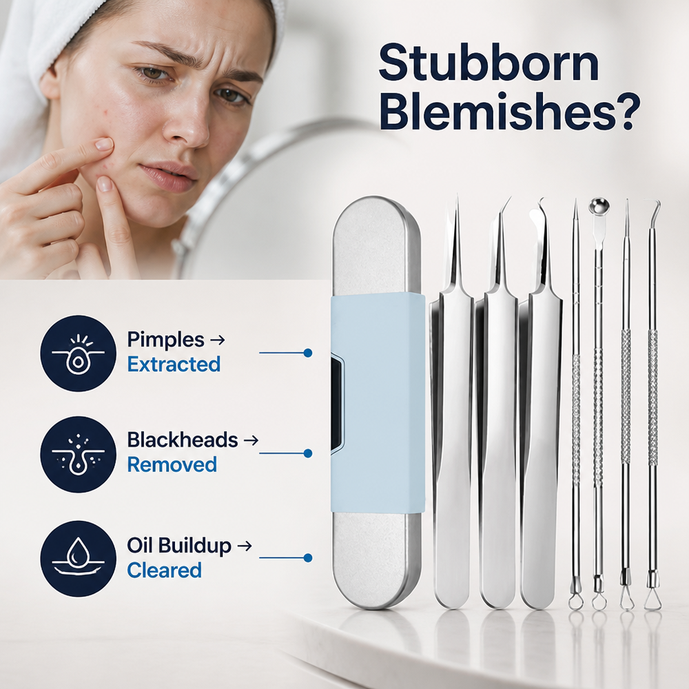 Close-up of a woman pressing a blemish on her cheek, with the steel tweezers, loop tools and slim case lined up beside her. 2