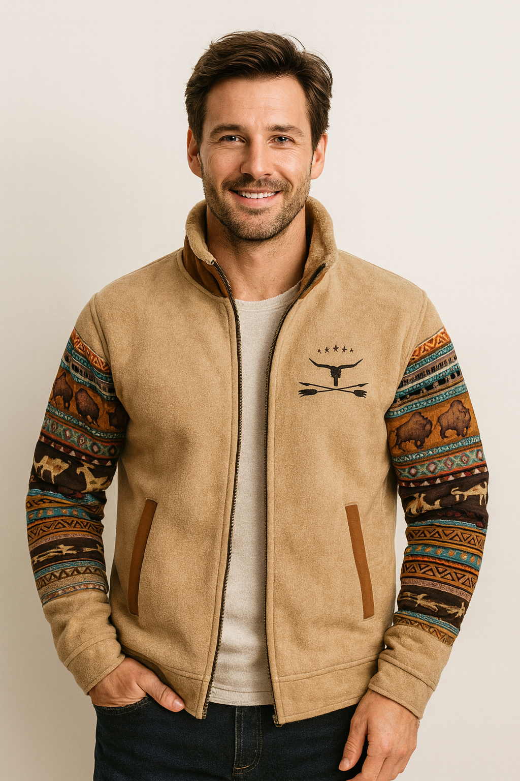 Smiling man wearing the tan zip-up fleece jacket over a light tee, with patterned animal-motif sleeves and open pockets.