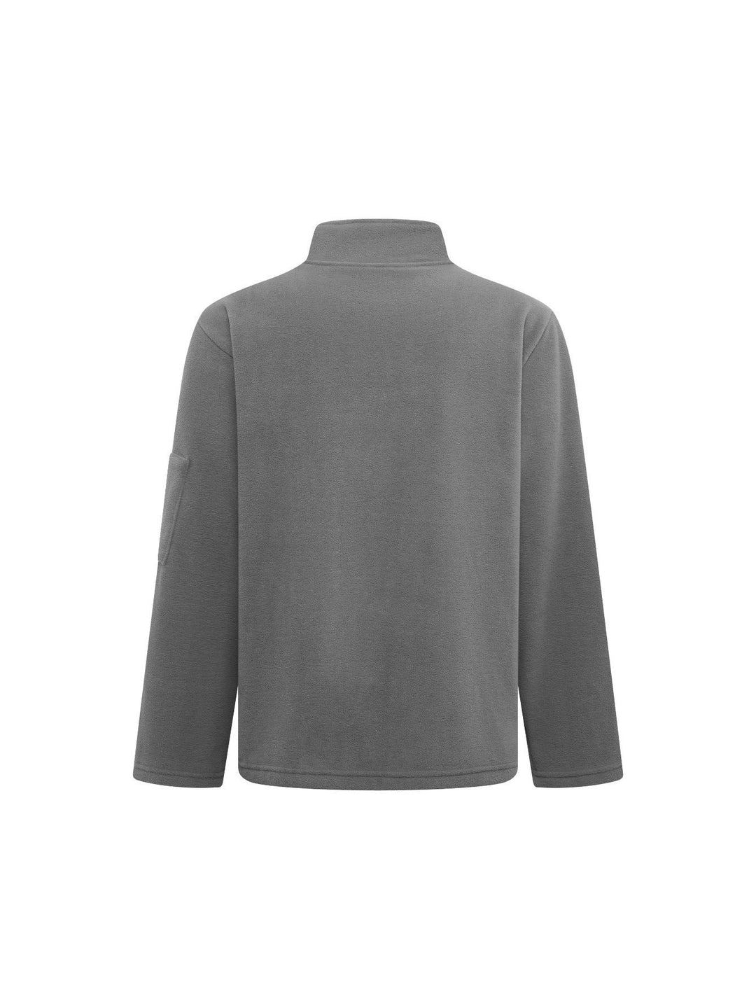 Back view of the medium gray fleece jacket with a smooth plain back and stand collar 10