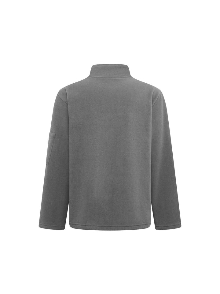 Back view of the medium gray fleece jacket with a smooth plain back and stand collar 10