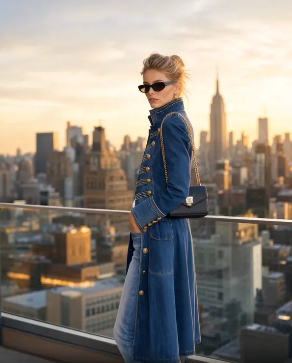 Side view of the blue denim coat on a rooftop at sunset, with a black chain-strap shoulder bag over the sleeve. 7