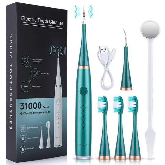Teal-green version with copper-colored rings shown beside its black box, three matching brush heads, scaler tip, USB cable and dental mirror.