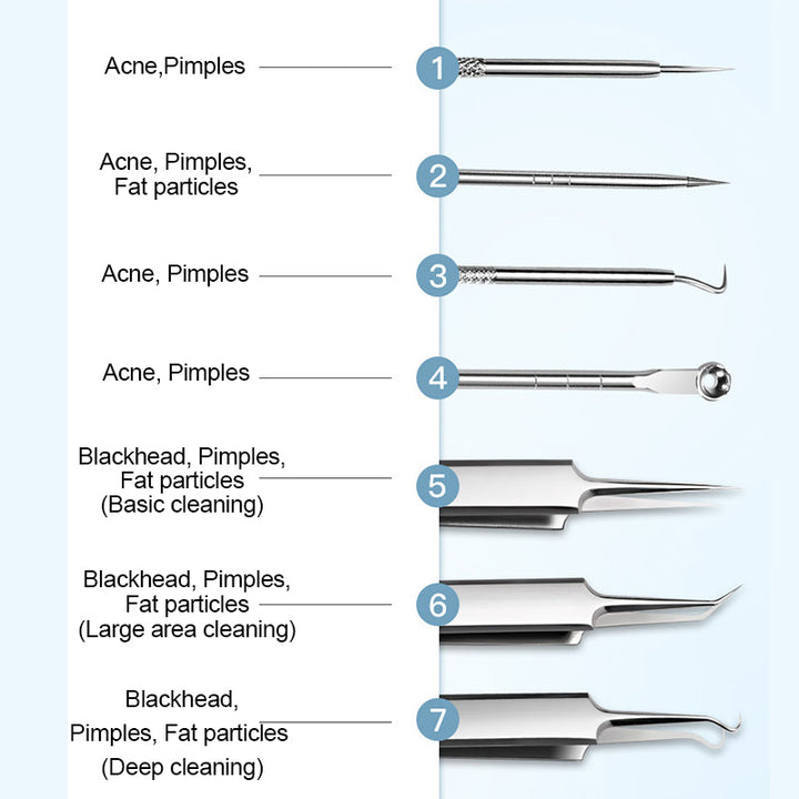 Seven numbered tools lined up, four picks and loops and three tweezers, each labeled with the skin concern it suits. 6