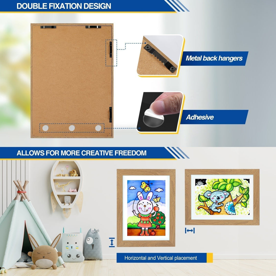 Back of the wood-tone kids art frame showing metal hangers and adhesive pads.