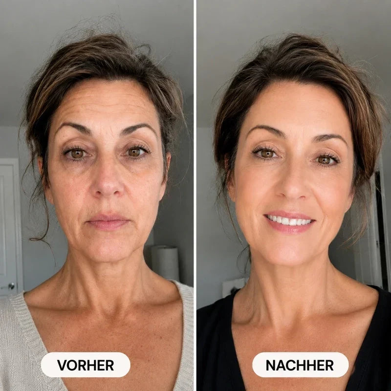 Color-Adjusting 2-in-1 Foundation before-and-after of a woman with brown hair pinned up and a smoother, brighter-looking complexion.