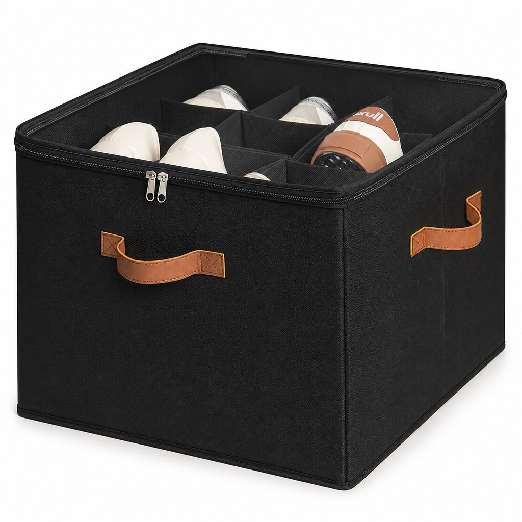 Black fabric shoe organizer with a zippered top, tan handles on both sides, and white and brown sneakers visible inside. 7