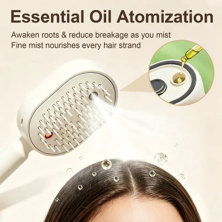 Comb head misting over a woman's parted hair, with an inset of oil being dropped into the top reservoir. 4