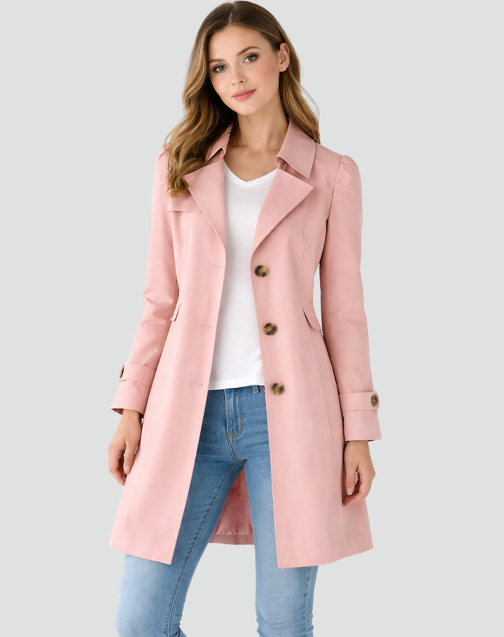 Dusty pink trench coat with tortoise-style buttons, styled with a white tee and jeans.