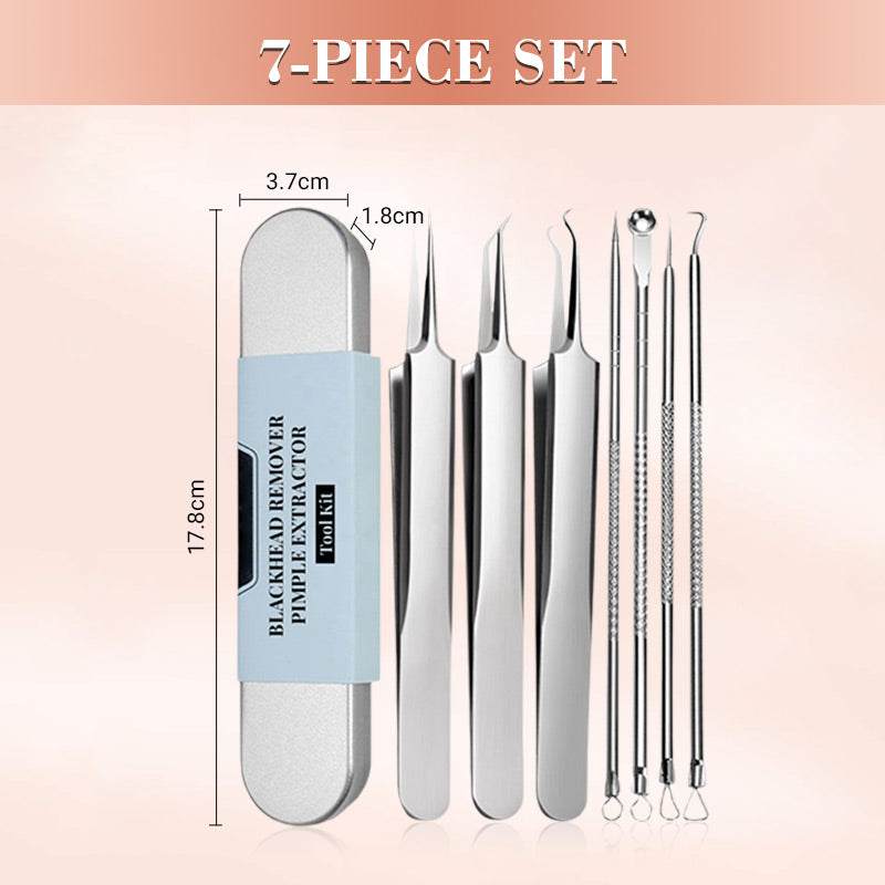 Seven-piece set laid out with dimension lines marking the case's length, width and thickness, beside tweezers and picks. 12