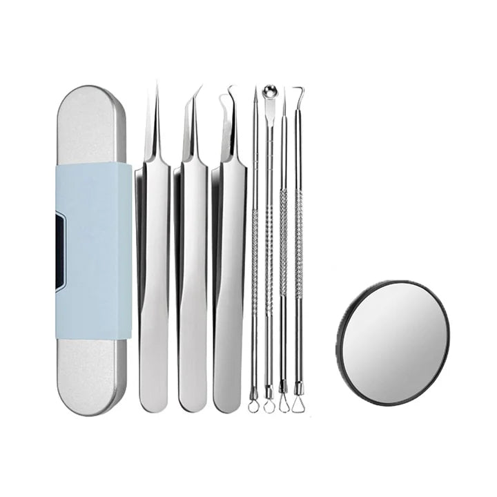 The full tool set with a small round magnifying mirror added at the right, shown on a plain white background. 13