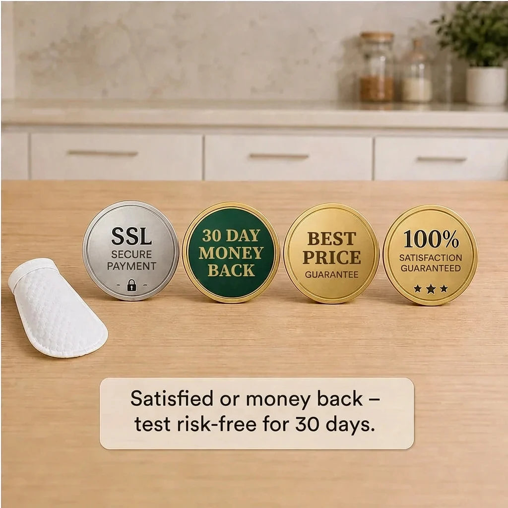 White quilted slip-on filter cover on a kitchen counter beside four round guarantee badges 10