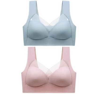Two bras laid flat, one light blue and one pink, both with mesh V-necklines 9