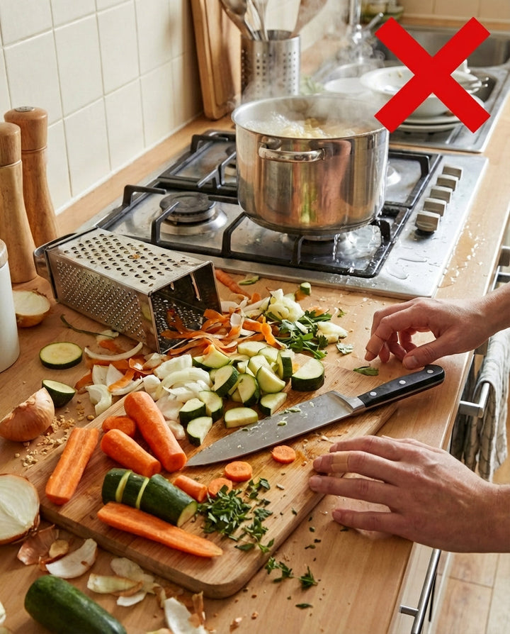 Kitchen tools and chopped vegetables beside a red X marking the old method.