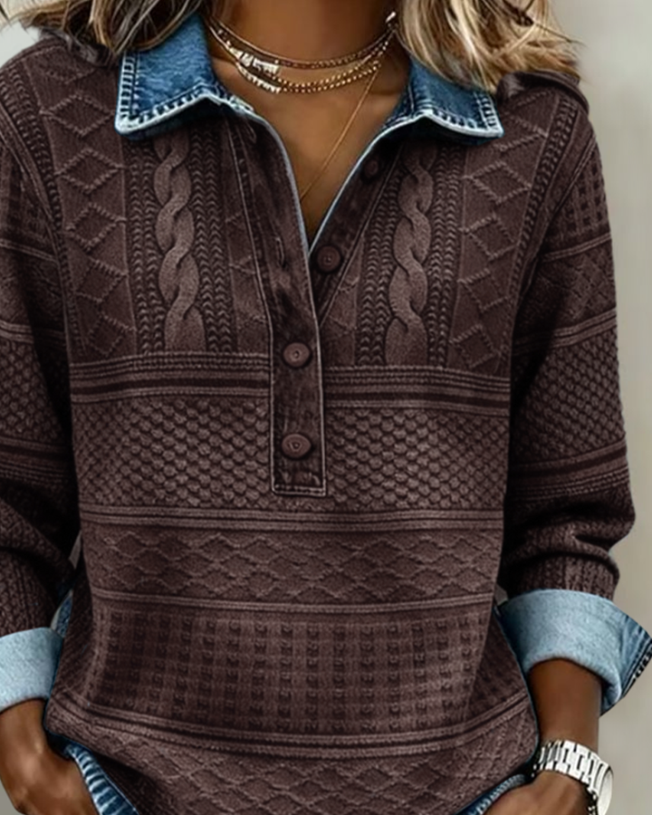 Women's brown patterned sweatshirt detail with collar, button placket, and cuff.