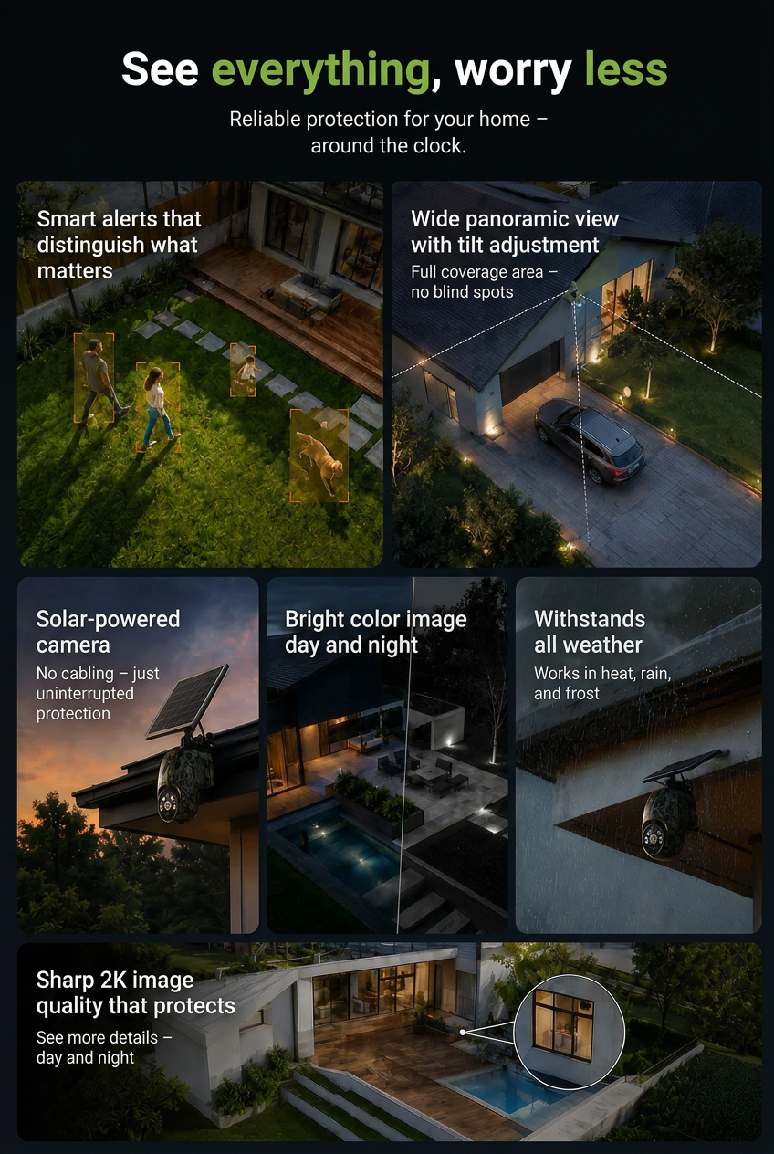 Collage of home scenes showing smart alerts, panoramic coverage, solar power, day and night color video, weather resistance and sharp image detail.