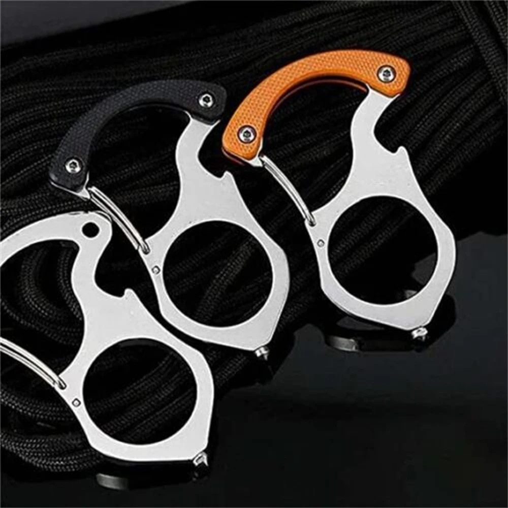 Three stainless steel car key fob organizers with carabiners, another view