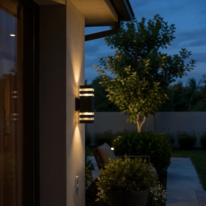 Black sconce glowing at dusk on a house exterior, with a tree, garden furniture and potted plants in the background. 2