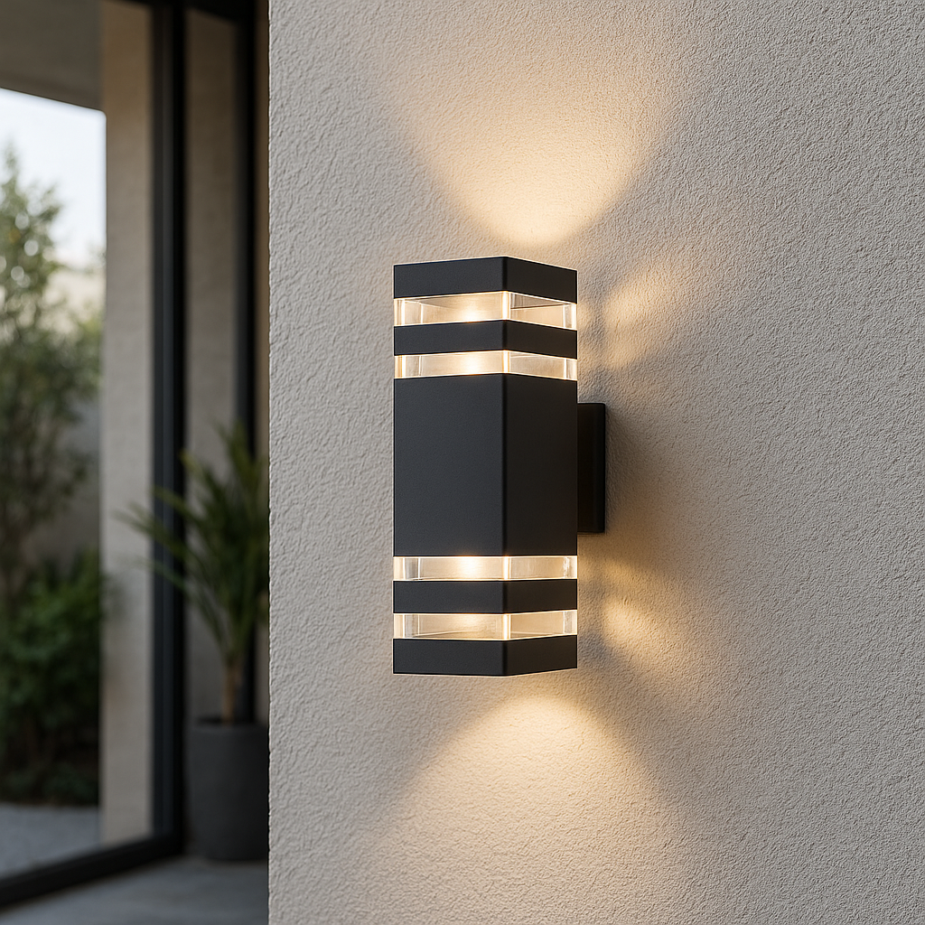 Close-up of a black rectangular sconce with clear horizontal bands, casting warm light up and down a textured beige wall. 1