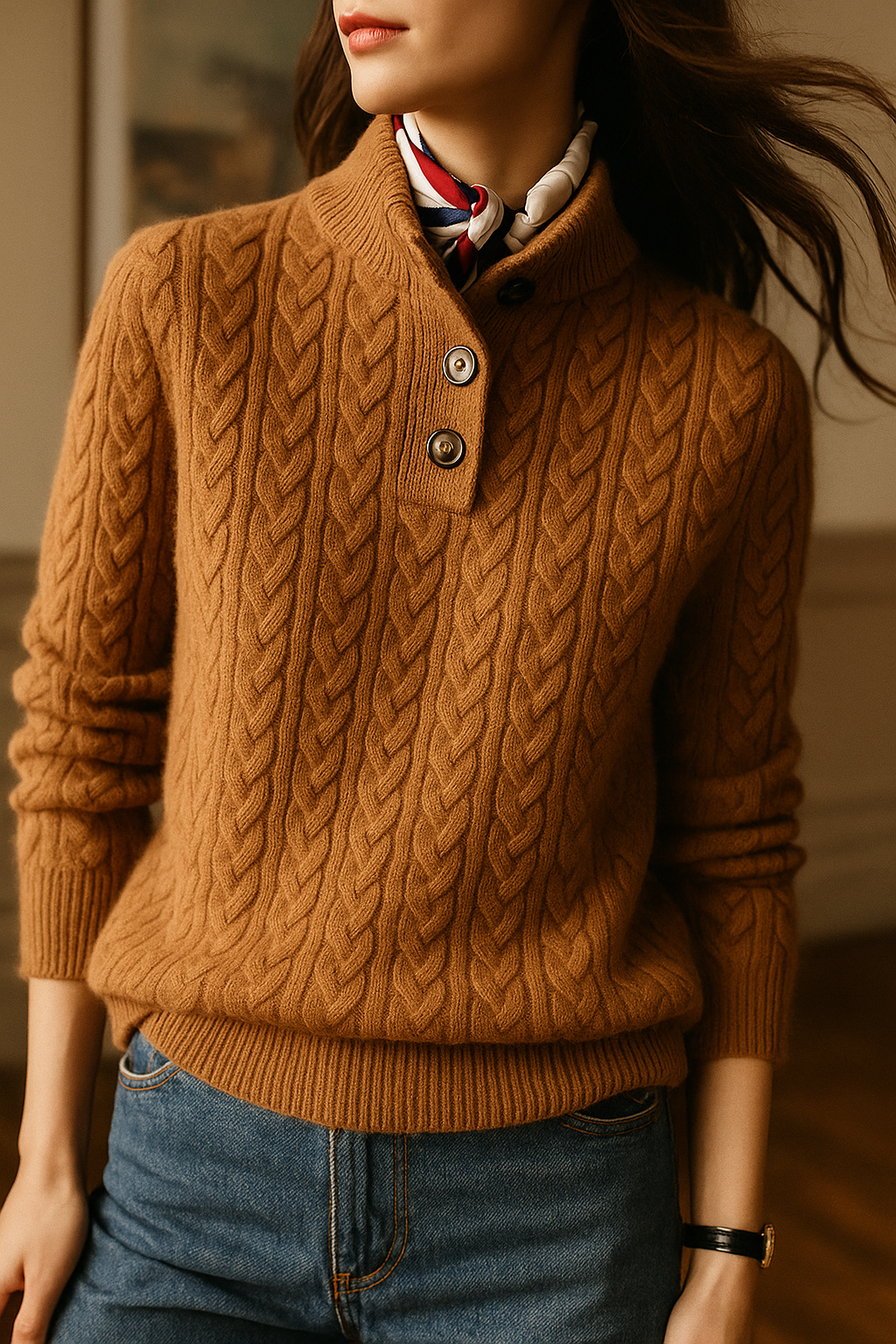 Model turned to the side in the caramel brown cable-knit sweater, with a stand collar, two visible buttons and a striped scarf. 3