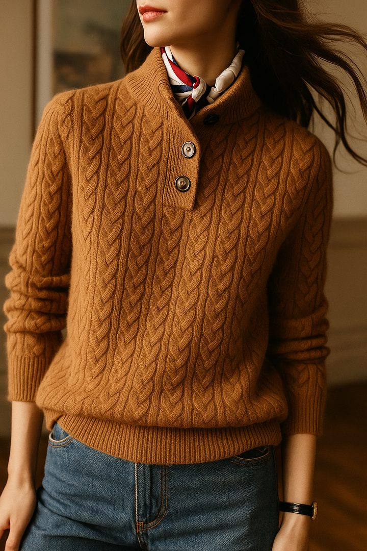 Model turned to the side in the caramel brown cable-knit sweater, with a stand collar, two visible buttons and a striped scarf. 3