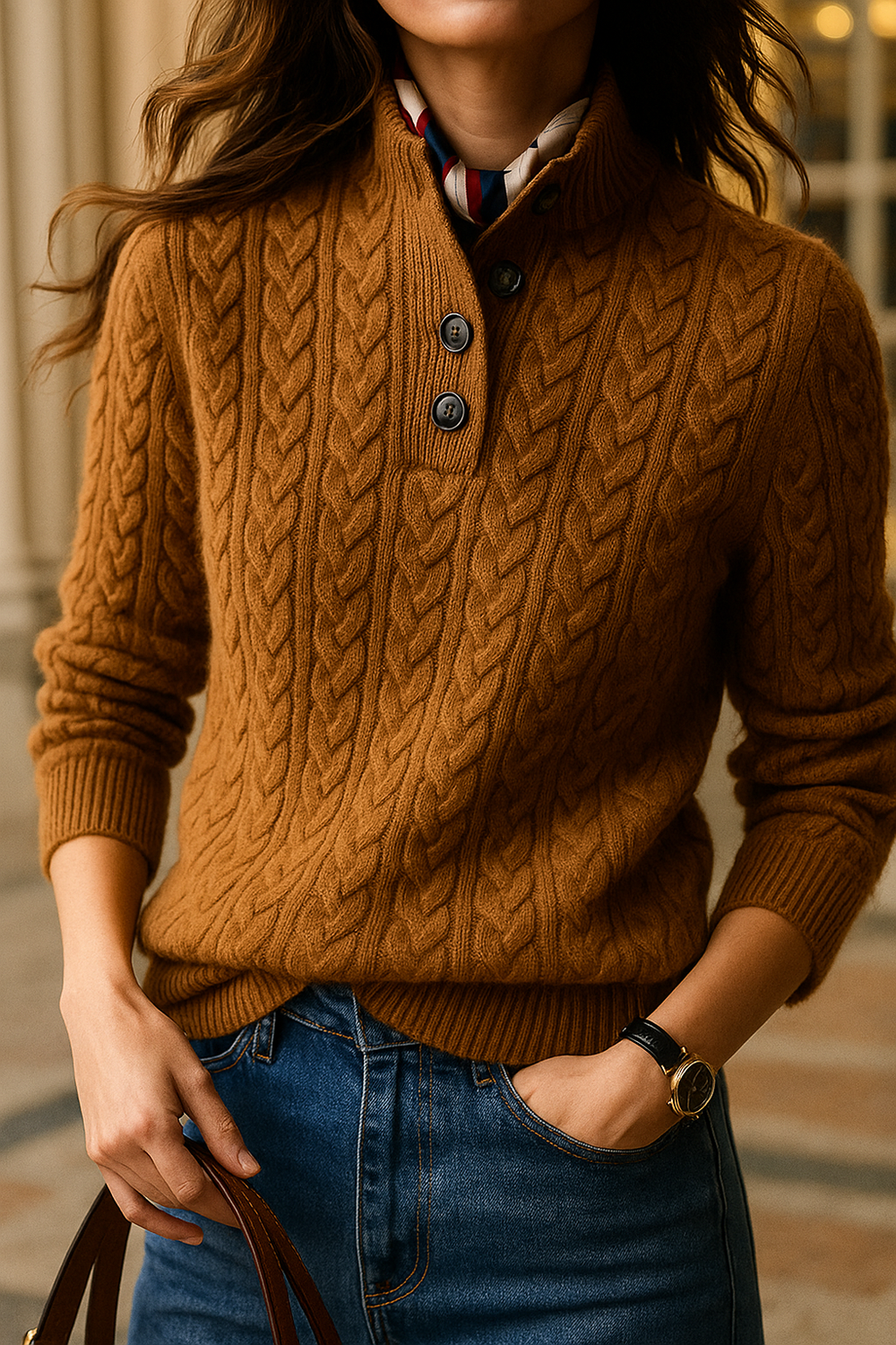 Close-up of the caramel brown cable-knit sweater worn with blue jeans and a scarf, showing the braided texture and three buttons. 2