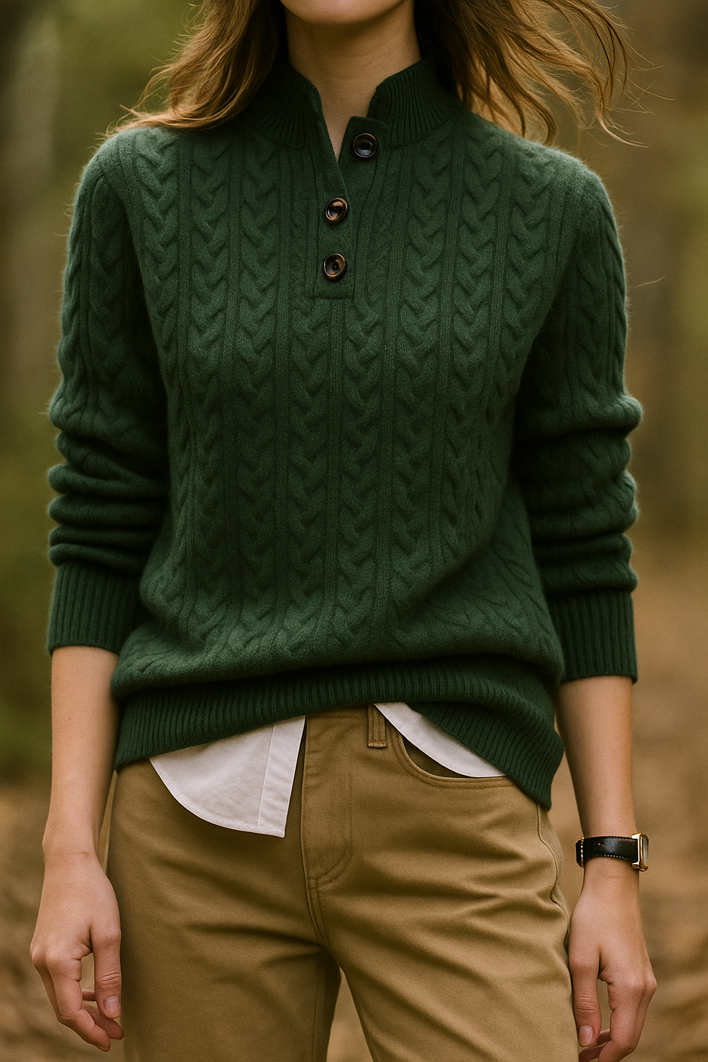 Dark green cable-knit button sweater worn over a white collared shirt and khaki pants, shown outdoors in a woodland setting. 6