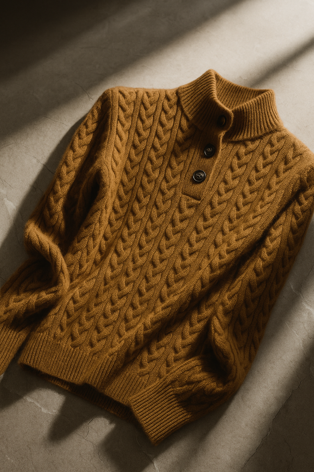 Golden-brown cable-knit sweater with three dark buttons at the ribbed collar, laid flat on a stone surface in soft light. 23