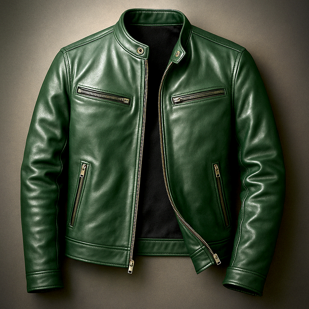 Green leather jacket laid flat and partly unzipped, showing gold-toned zippers, snap collar, black lining and ribbed hem band. 6