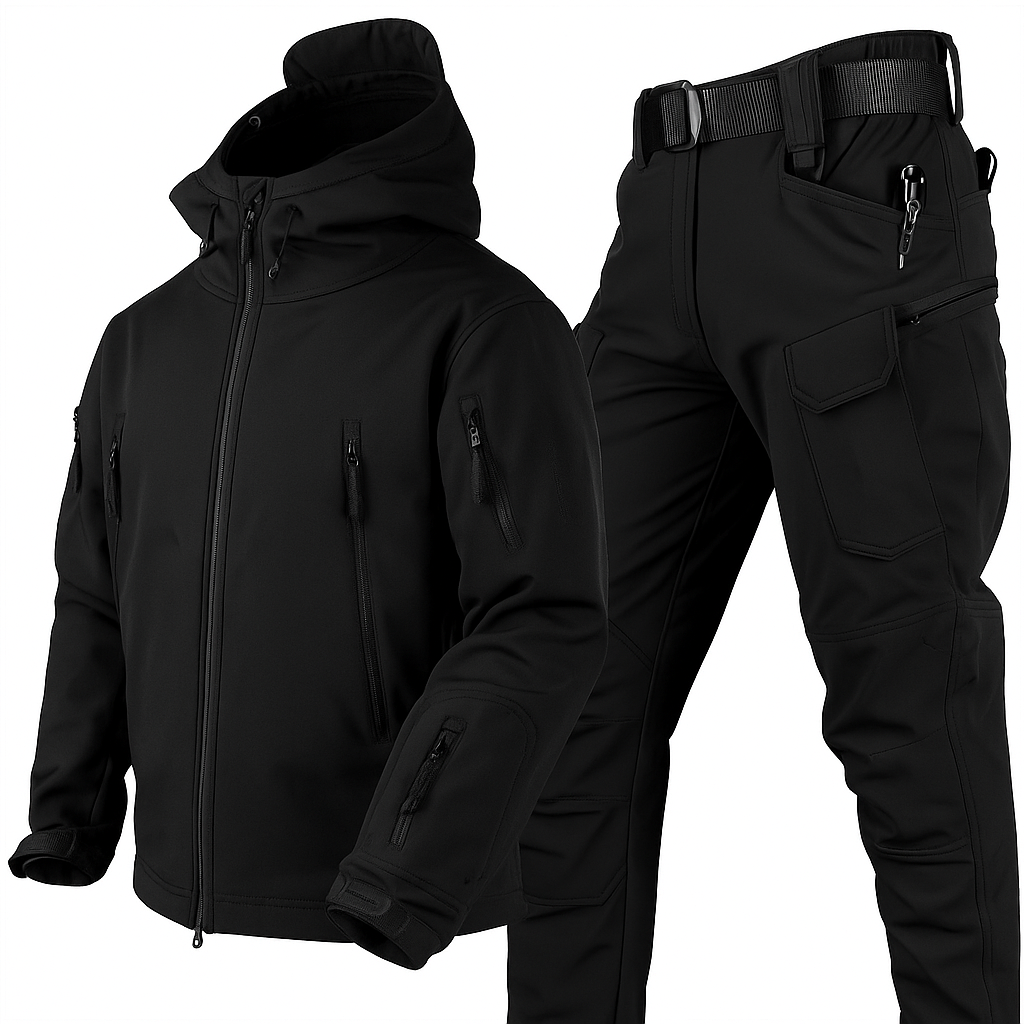 Black hooded zip-front jacket and matching cargo pants with belt, shown together on a white background, with zippered pockets. 1