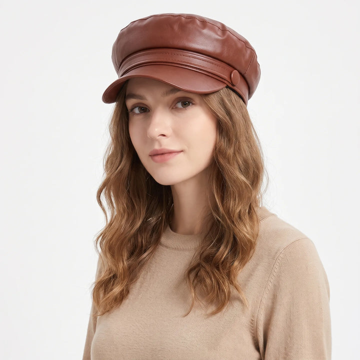 Woman with wavy light brown hair wearing the brown cap with a beige knit sweater 20