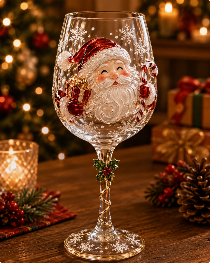 Clear wine glass with a raised 3D smiling Santa holding a gift and candy cane, plus a holly charm on the stem. 1