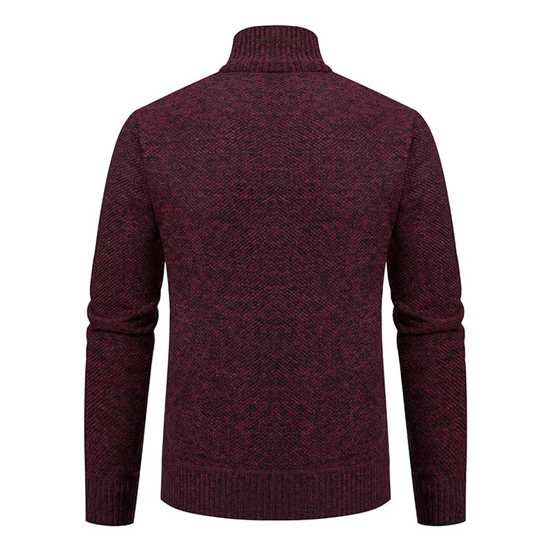 Back view of the burgundy knit cardigan with ribbed stand collar, cuffs and hem 20