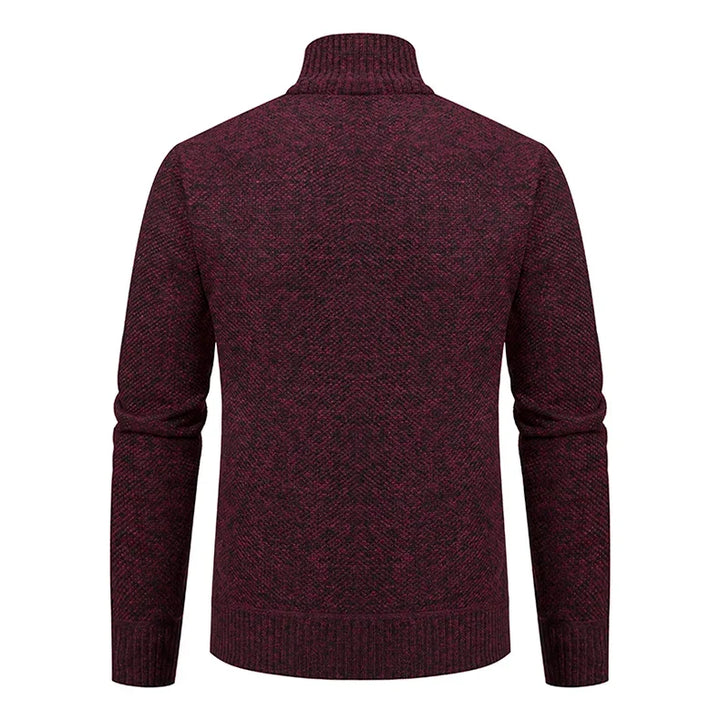 Back view of the burgundy knit cardigan with ribbed stand collar, cuffs and hem 20