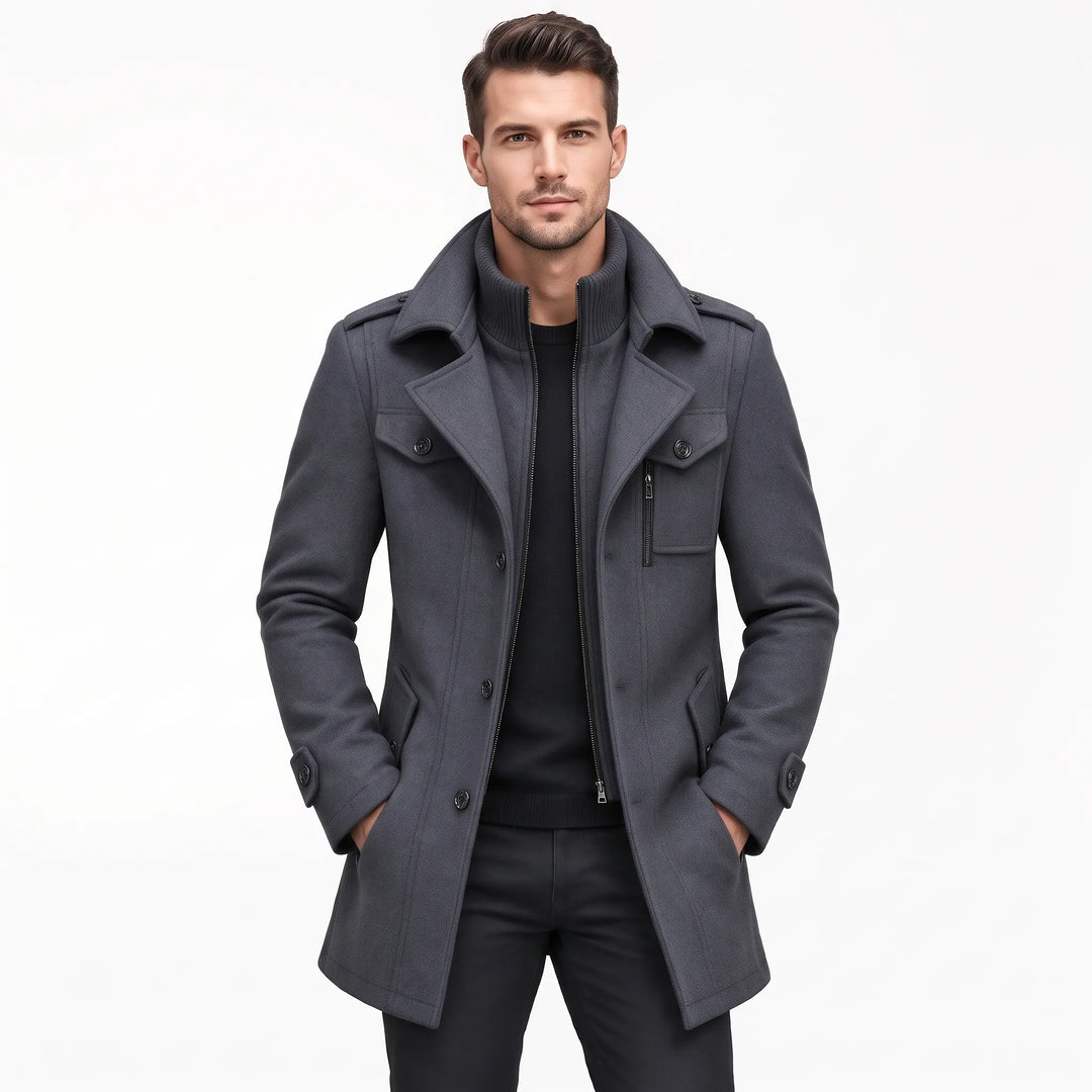 Model wears the gray coat open over a black sweater and black pants 20