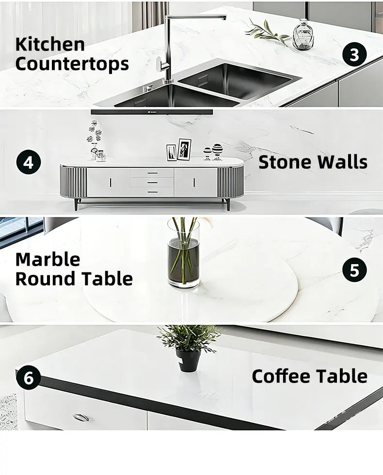 Four scenes of use: kitchen countertop, stone wall behind a sideboard, round marble table, and coffee table 20