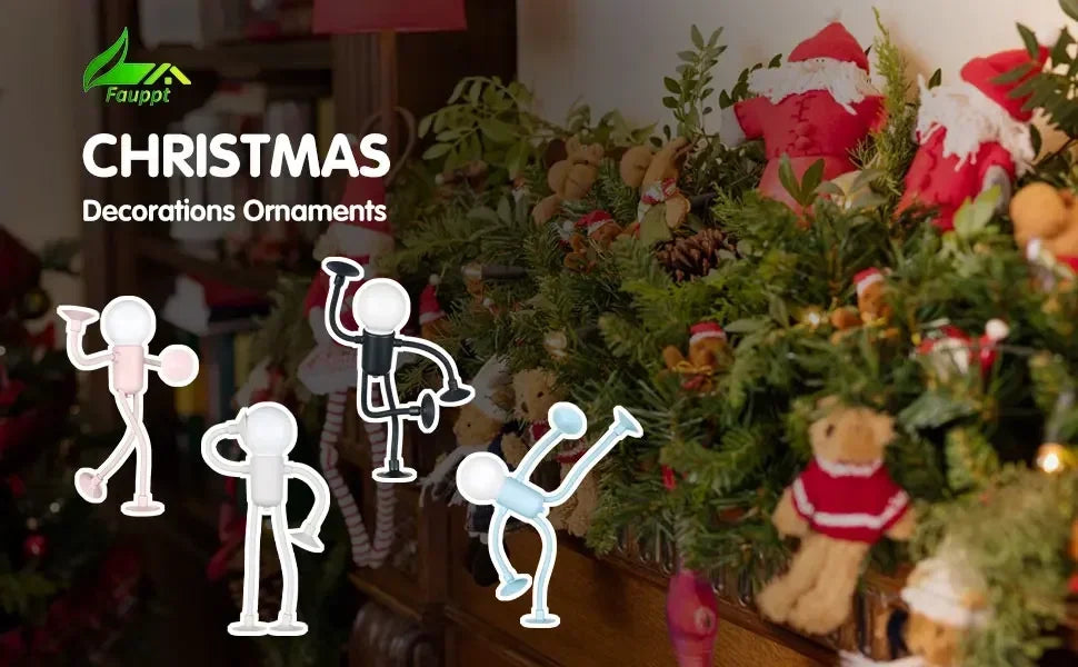 Four figure lights in pink, white, black and blue overlaid on a Christmas garland with Santa and bear decorations 20