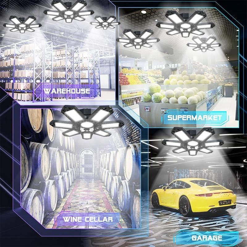 Collage of the folding light mounted in a warehouse, a supermarket, a wine cellar with barrels, and a garage with a yellow sports car. 5