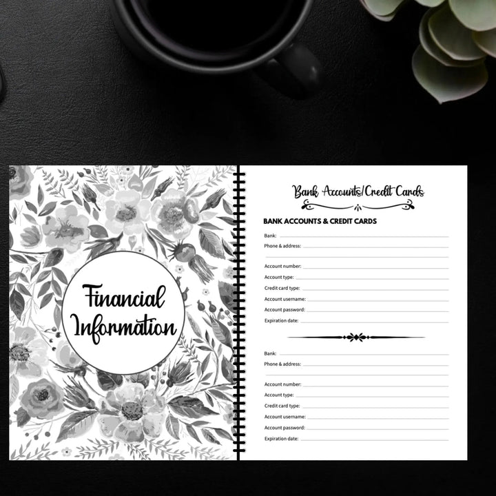 Open spiral planner showing a floral gray divider page beside a blank bank accounts and credit cards form 2