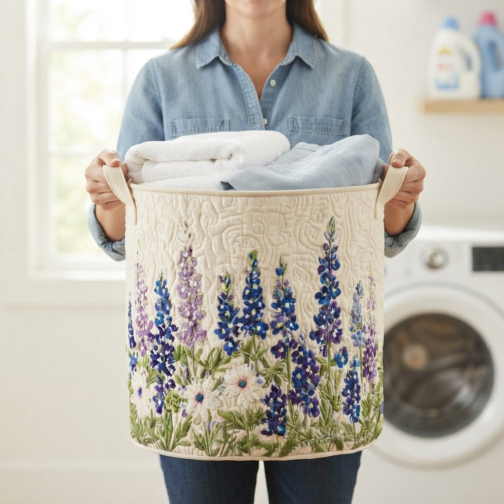 Another view of a woman carrying the quilted laundry basket by its canvas handles.