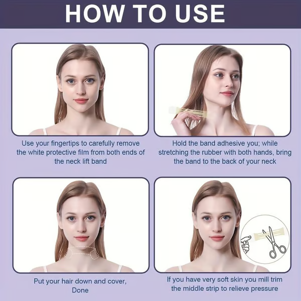 Step-by-step neck lift tape detail showing application, stretching and trimming.